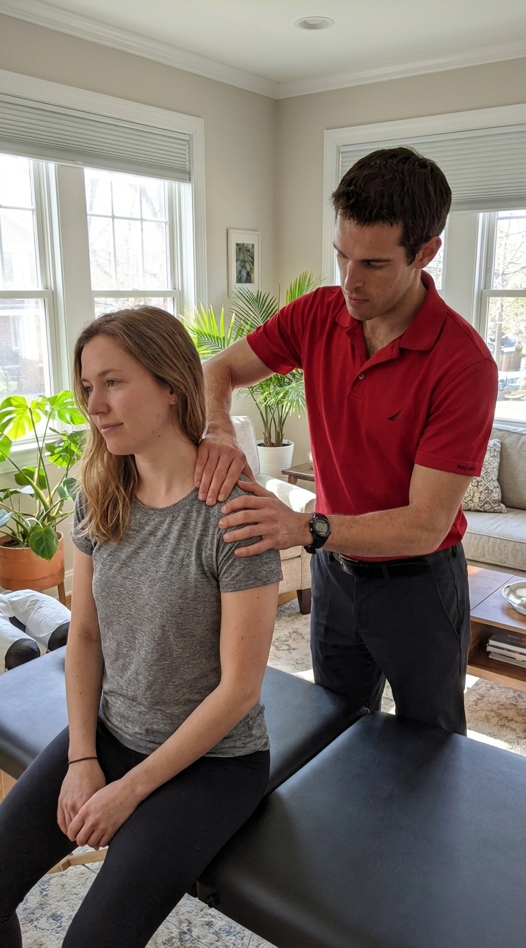 Patient receiving manual therapy on their shoulder from a physical therapist at a mobile physical therapy clinic in Forest, VA