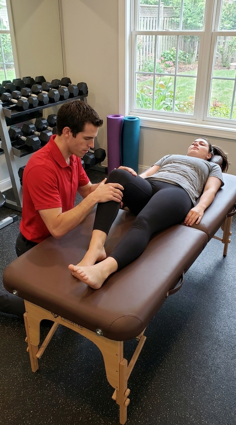 Patient receiving an initial physical therapy evaluation from a provider at a mobile physical therapy clinic in Forest, VA