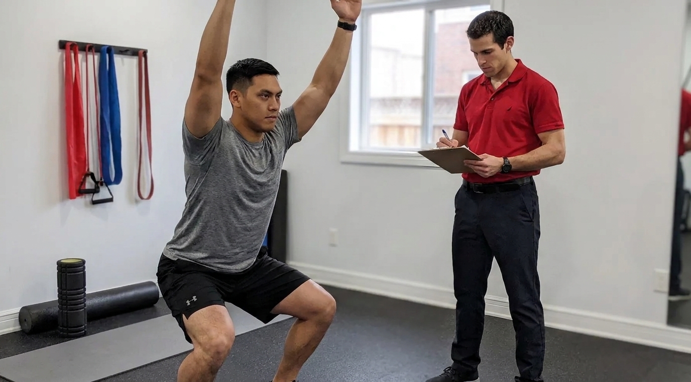 Patient working with a provider during a movement screen assessment at a mobile physical therapy clinic in Forest, VA
